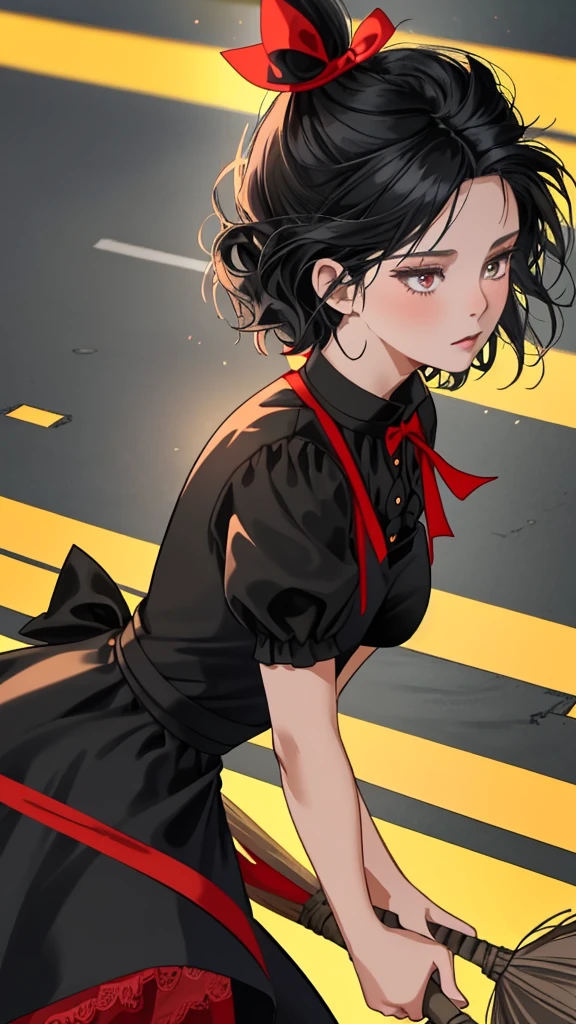 Ghibli-style animation. The Witch's Delivery Service. In the streets of Sweden. A girl. A black dress. Black hair. Short cut. A big red ribbon on her head. A broom in her hand. High quality. 4K quality.