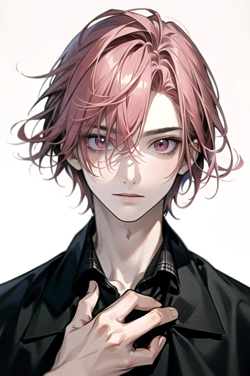 masterpiece, highest quality, Very detailed, floating, High resolution, 1 boy, Pink Eyes, Pink Hair|Black Hair, ‘論 hair, Detailed face, Grey Shirt