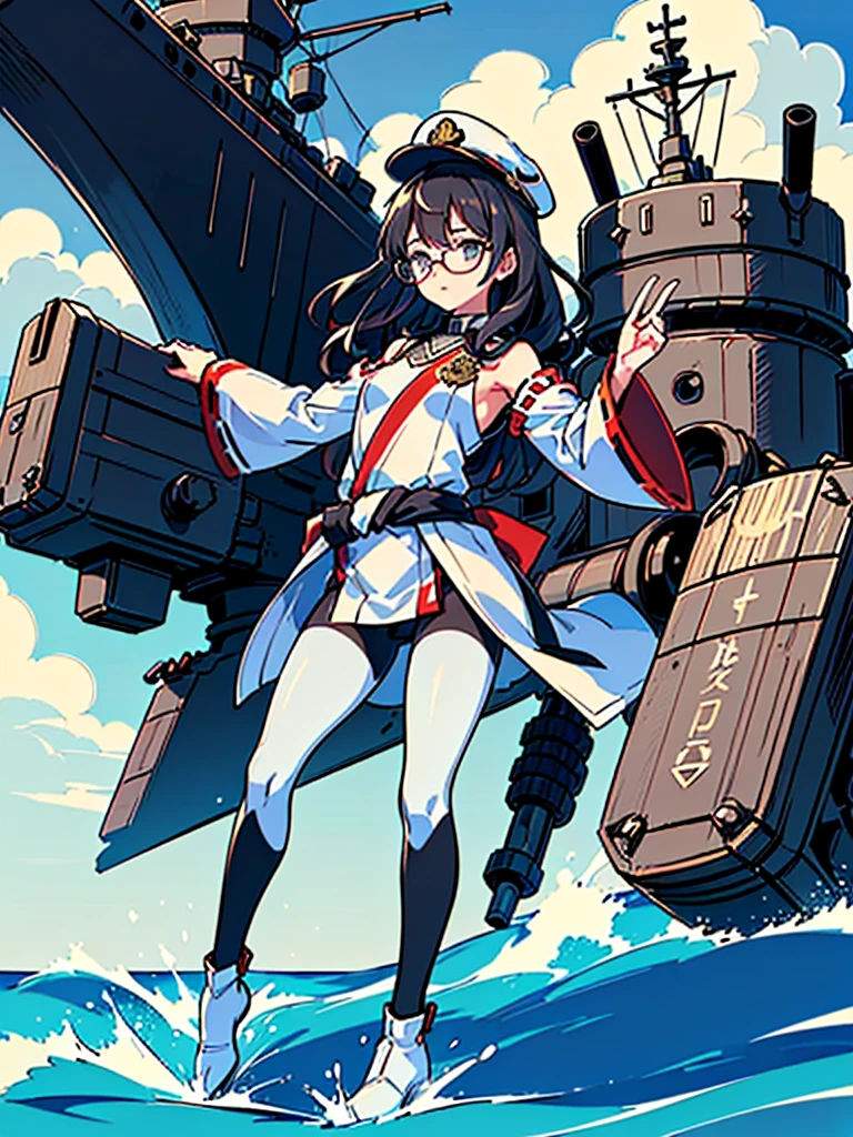 ((((Full body of a woman with perfect flat chest、Short, unkempt black hair、white military jacket、Miko costume、tights、Black glasses、White military cap、Cloudy eyes、Sleepy expression)))), (((masterpiece))), (((Shipgirl))), (Another woman hugging、Long purple hair、Messy Hair、Big Breasts、Miko costume), ((Floating on the morning sea with both feet)), (Spread your legs wide open), (Holding a baton in his shining right hand), (Mechanical arms extending from the waist are used to equip the ship with battleship equipment.), (Equipped with a turret on the back), (Holds the turret with his left arm), Torpedo tubes on thighs, Spreading the Machine's Wings, Machine tail, shotgun,