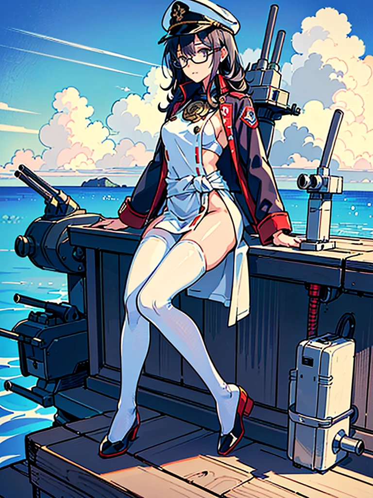 ((((Full body of a woman with perfect flat chest、Short, unkempt black hair、white military jacket、Miko costume、tights、Black glasses、White military cap、Cloudy eyes、Sleepy expression)))), (((masterpiece))), (((Shipgirl))), (Another woman hugging、Long purple hair、Messy Hair、Big Breasts、Miko costume), ((Floating on the morning sea with both feet)), (Spread your legs wide open), (Holding a baton in his shining right hand), (Mechanical arms extending from the waist are used to equip the ship with battleship equipment.), (Equipped with a turret on the back), (Holds the turret with his left arm), Torpedo tubes on thighs, Spreading the Machine's Wings, Machine tail, shotgun,