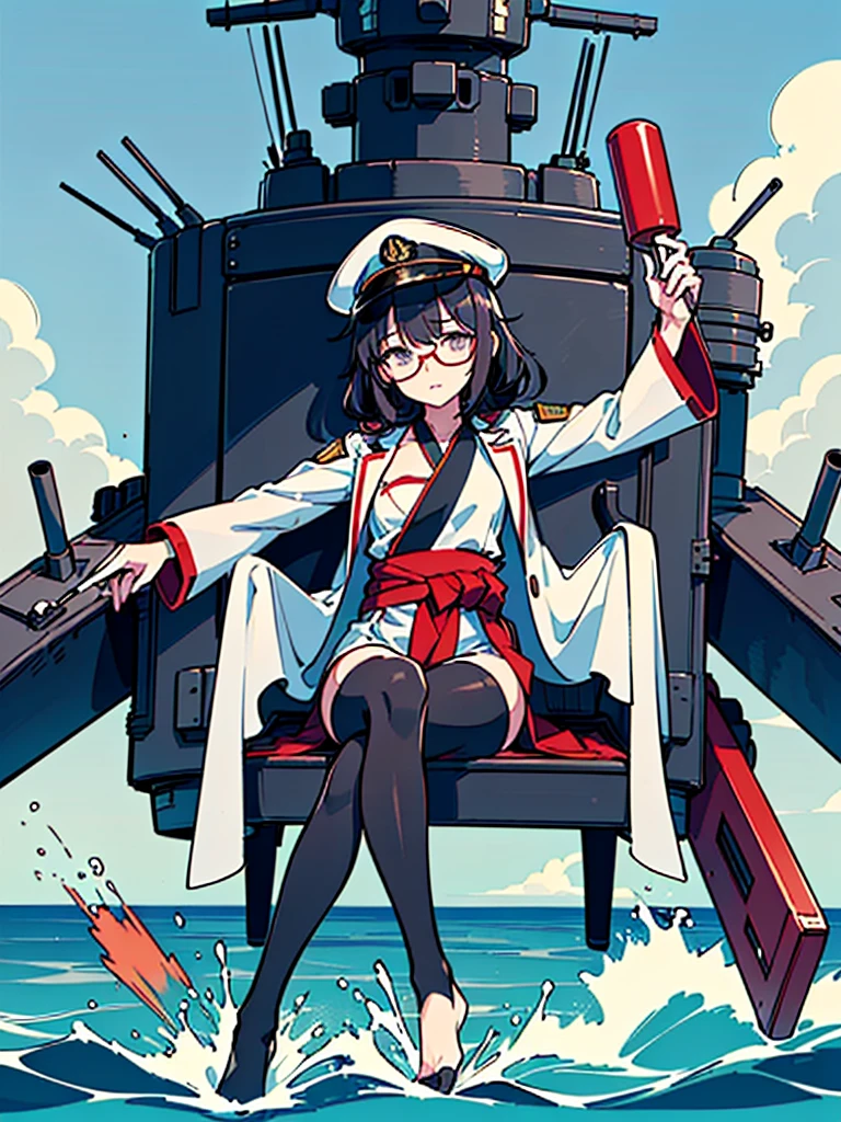 ((((Full body of a woman with perfect flat chest、Short, unkempt black hair、white military jacket、Miko costume、tights、Black glasses、White military cap、Cloudy eyes、Sleepy expression)))), (((masterpiece))), (((Shipgirl))), (Another woman hugging、Long purple hair、Messy Hair、Big Breasts、Miko costume), ((Floating on the morning sea with both feet)), (Spread your legs wide open), (Holding a baton in his shining right hand), (Mechanical arms extending from the waist are used to equip the ship with battleship equipment.), (Equipped with a turret on the back), (Holds the turret with his left arm), Torpedo tubes on thighs, Spreading the Machine&#39;s Wings, Machine tail,  shotgun, 