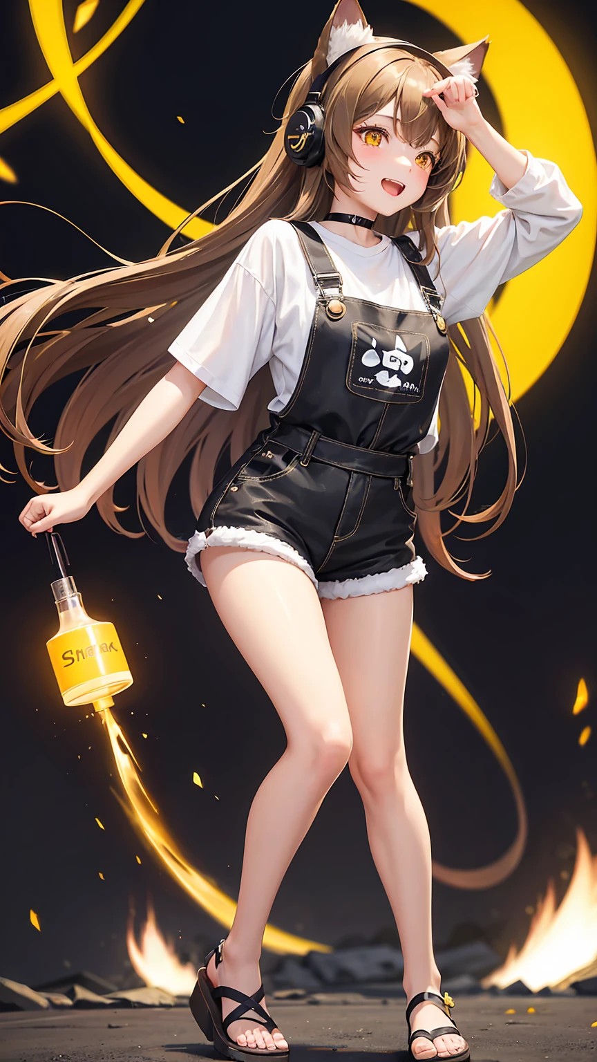 Brown long hair。She has a large round yellow hair ornament on her left side.。Her eyes are sparkling yellow。Features long lashes。 What to wear、White short-sleeved T-shirt。Grey short overalls。On her feet she wears black cat sandals.。Wearing cat ears。On the neck「Pi」She is wearing a black choker with the words。He also wears large black headphones.。 The background is the digital world。Digital effects glow in the darkness。She falls from the sky。They are laughing so happily.。Her long brown hair brings out her powerful charm.。
