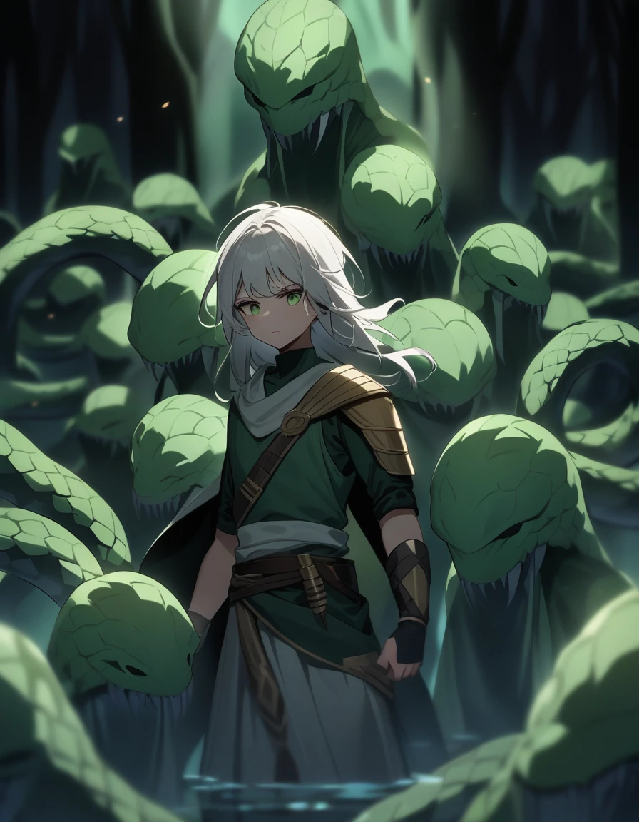 young Greek warrior with long white hair, facing hydra green monster snake with several heads in a dark swamp at night