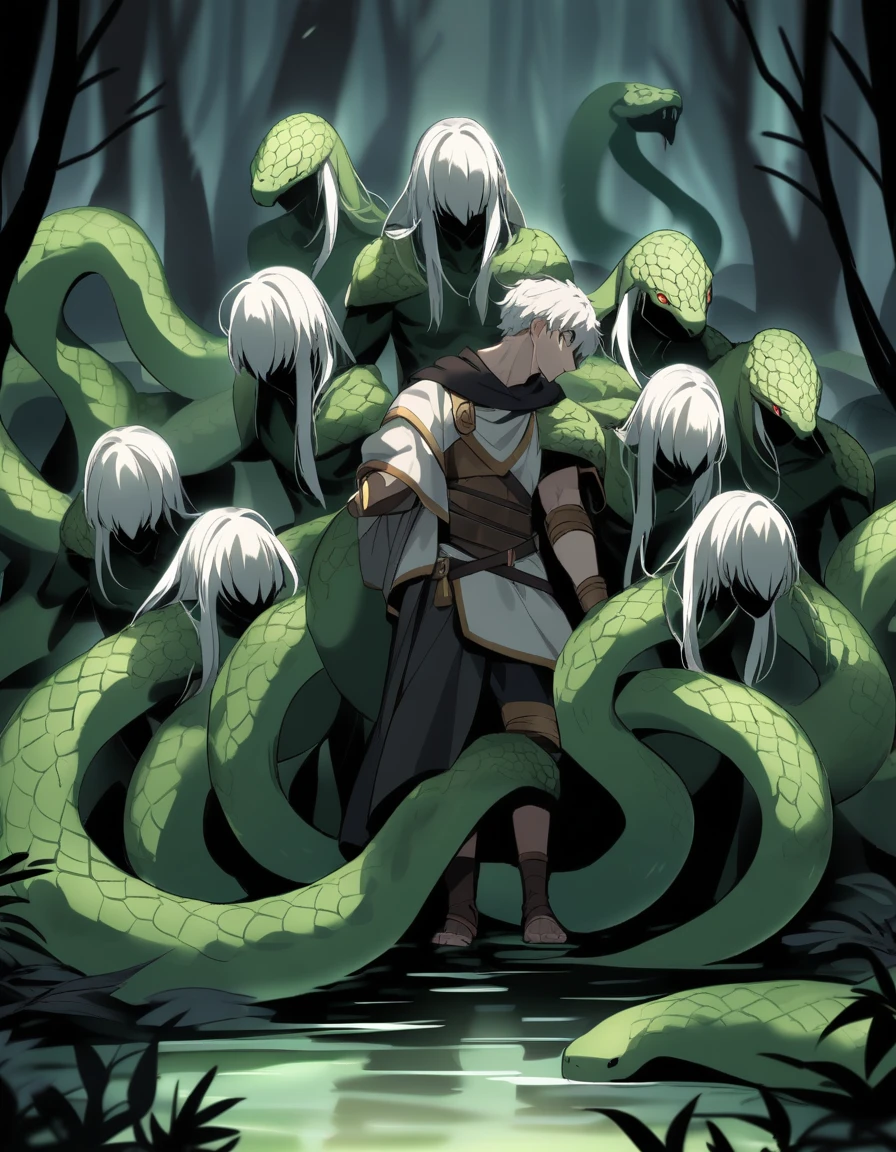 young Greek warrior with long white hair, facing hydra green monster snake with several heads in a dark swamp at night