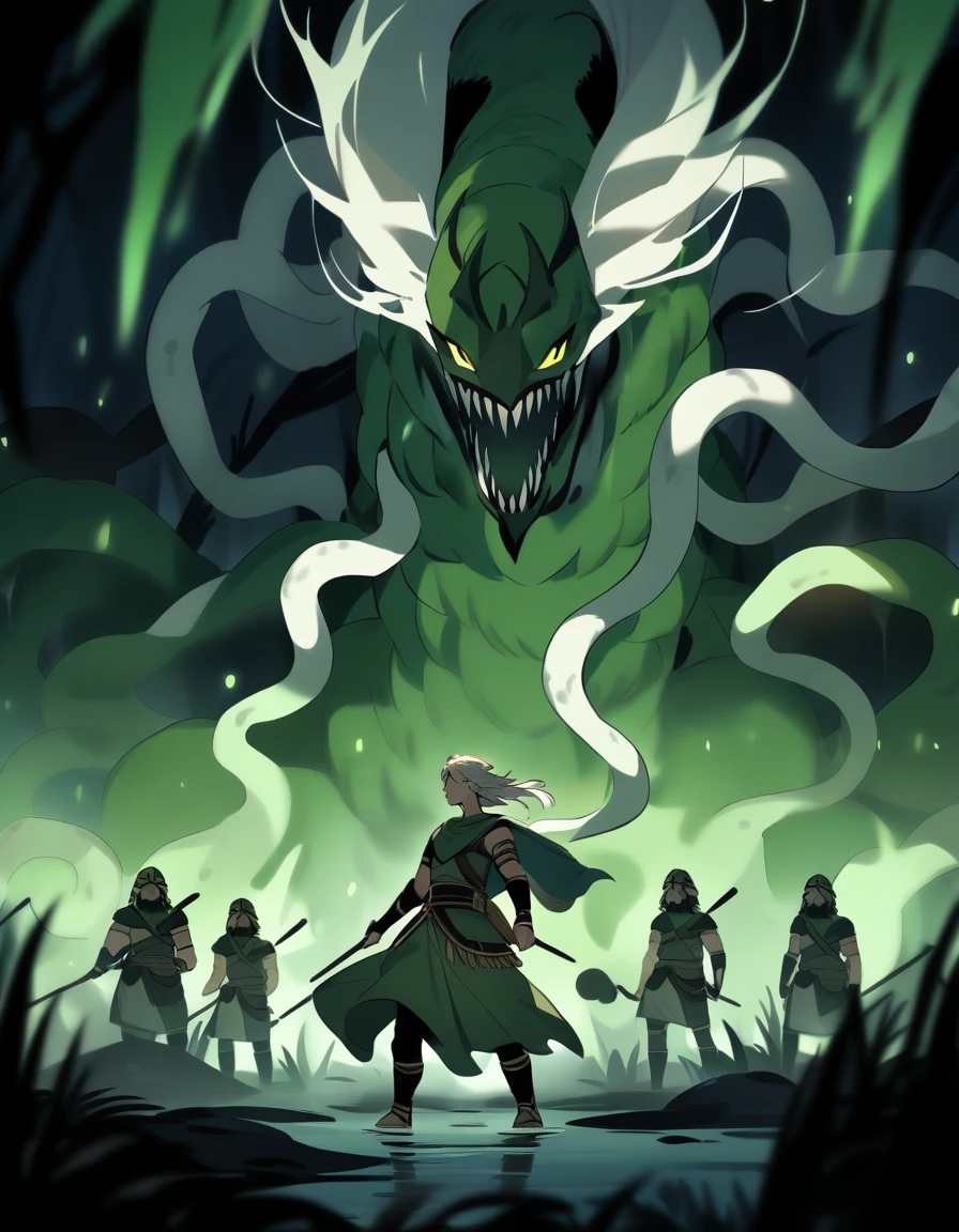 young Greek warrior with long white hair, facing hydra green monster snake with several heads in a dark swamp at night