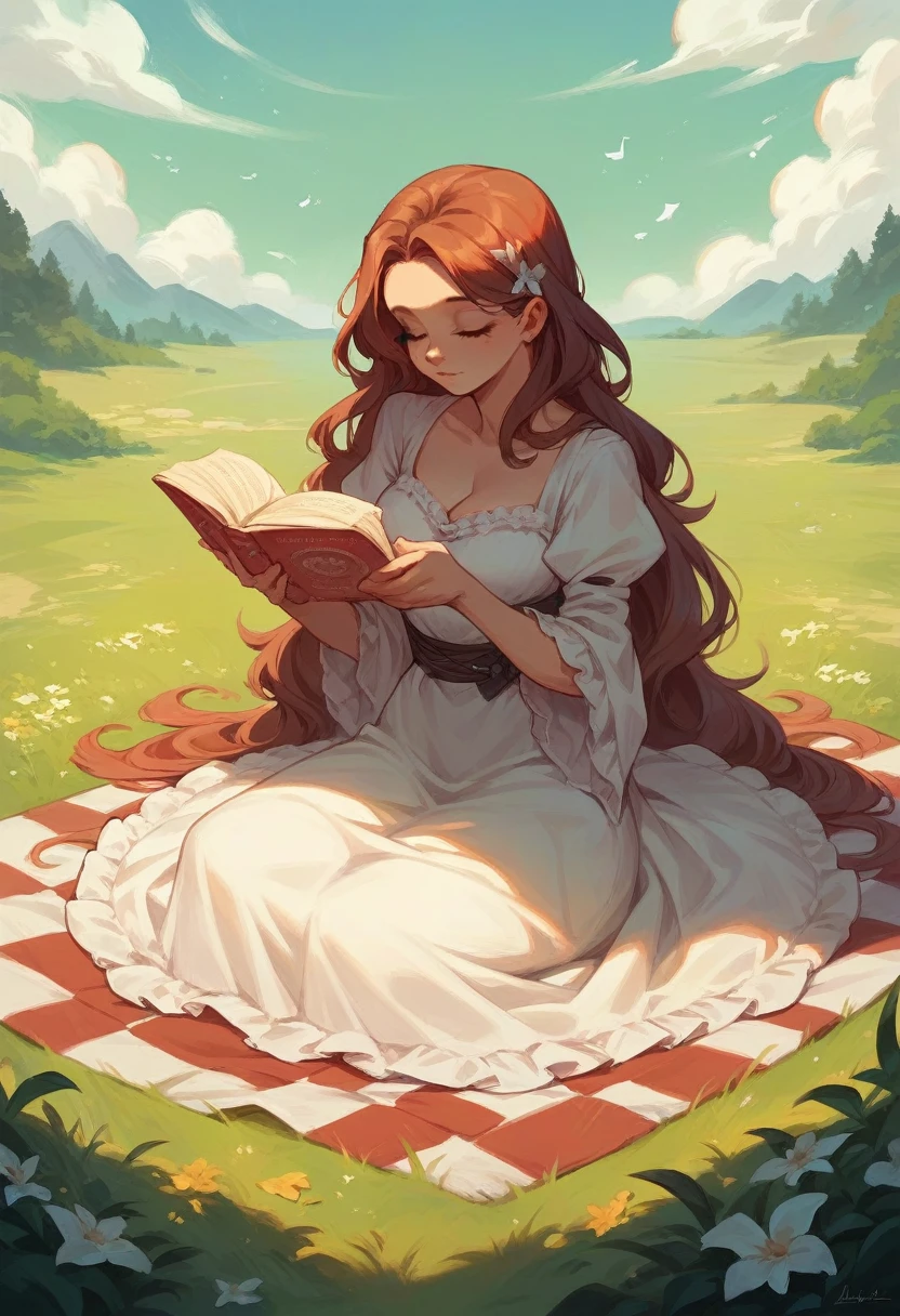 A beautiful girl wears beautiful dress that is having a picnic but at the same time she is reading and listening to a music. Her background is very beautiful 