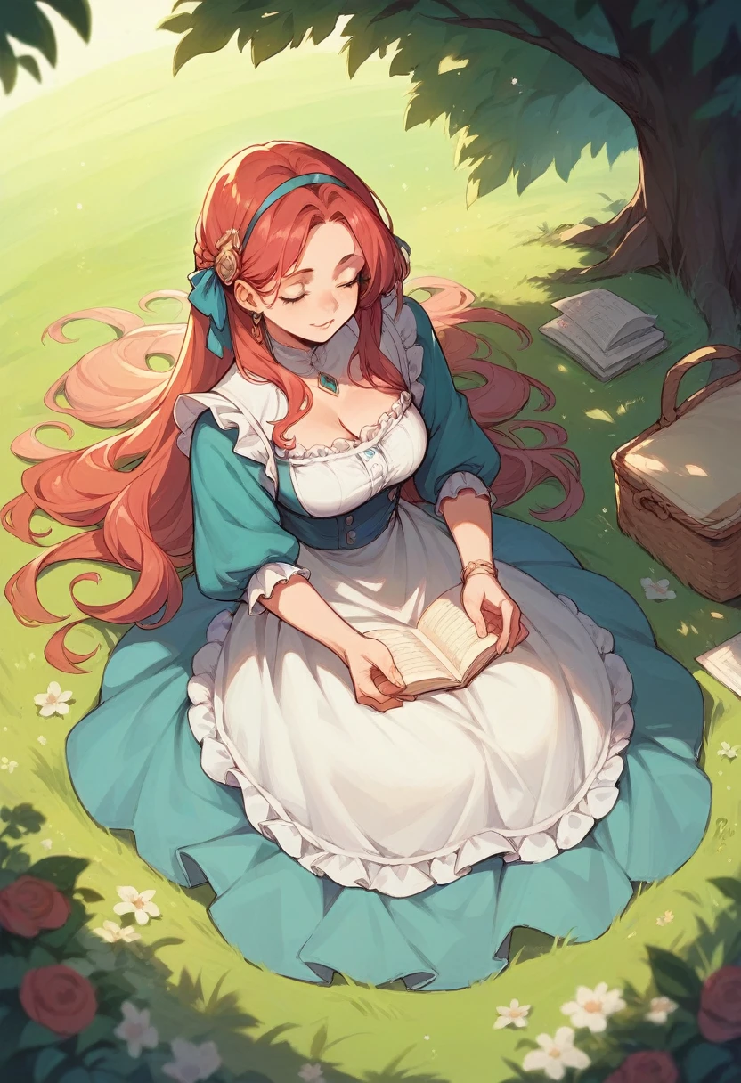 A beautiful girl wears beautiful dress that is having a picnic but at the same time she is reading and listening to a music. Her background is very beautiful 