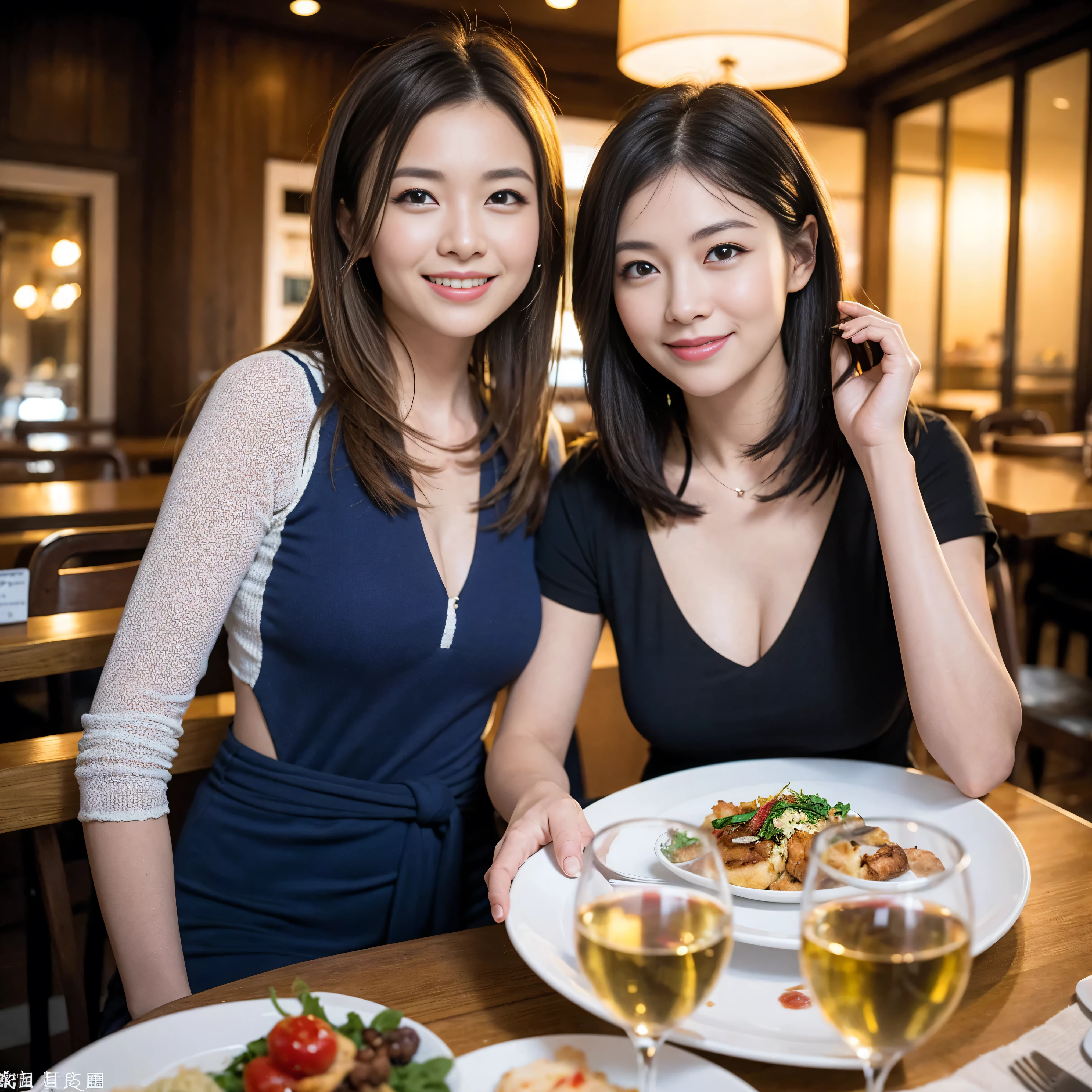 ((highest quality、8k、masterpiece:1.3))、1 male、1 female、Couple、spouse、Couple、The body is slim、((Bob Hale、Straight hair:1.2)), (Realistic, Intricate details:1.2), Wine glass on the table、Put the light on your face、 Amazing view of the sunset sky and clouds、Amazing mountain views、A bright smile、The wonderfulness of smile、Bright image、The beauty of wine, Beautiful Face, blue eyes, The light shines on your face, Blushing, short hair,Bright Face、 (Age 37), 39 years old, red wine 、Appetizers、Italian food、Wine bottle、Champagne、sparkling wine、Two beauties、Brown Hair、Shortcuts、Long sleeve shirt、dress、Pretty Woman 1, (Slim face), (The body is slim), (Brown Hair), (Shortcuts), cheeks turn a little red,Attractive beauty、restaurant, In a prominent place (From the waist up) Nova Frog Style, actress, model, Upper Body, White wine, slim, wine glass, A wine glass placed in the center, smile, (smile: 1.15), Beautiful fine grain, Depth f/2,saturation, High Contrast, Strong light and shadow,Moist Body:1.5、3D texture、Delicate eyes、Brown Hair、The hair is very shiny、
