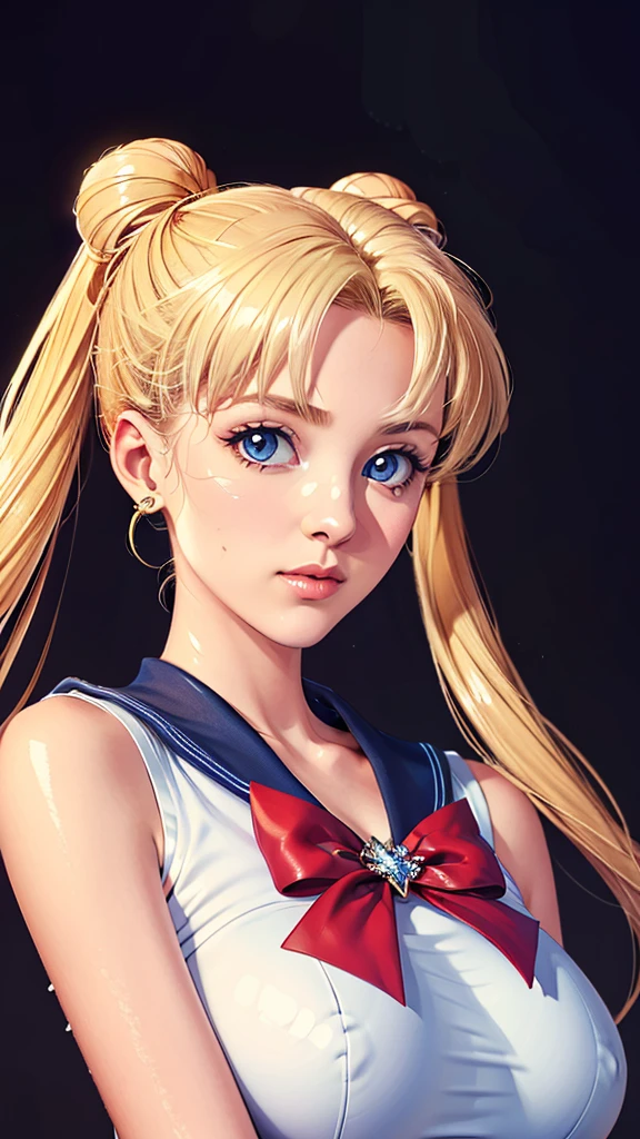 (((Perfect body,White and tender skin,(((Blue and white sailor suit, black high heels, and a bright red bow on the chest))),(((SMUsagiTsukino,Slender and soft golden hair, crystal clear and delicate skin, bright blue big eyes, thin cherry colored lips,,))),((masterpiece)),highres,((Best quality at best)),masterpiece,quality,Best quality,((( Exquisite facial features,Looking at the audience,There is light in the eyes,(((lol,happy))),))),(((Light and shadow,Huge breasts,))),(((Looking at the camera,black background,))))