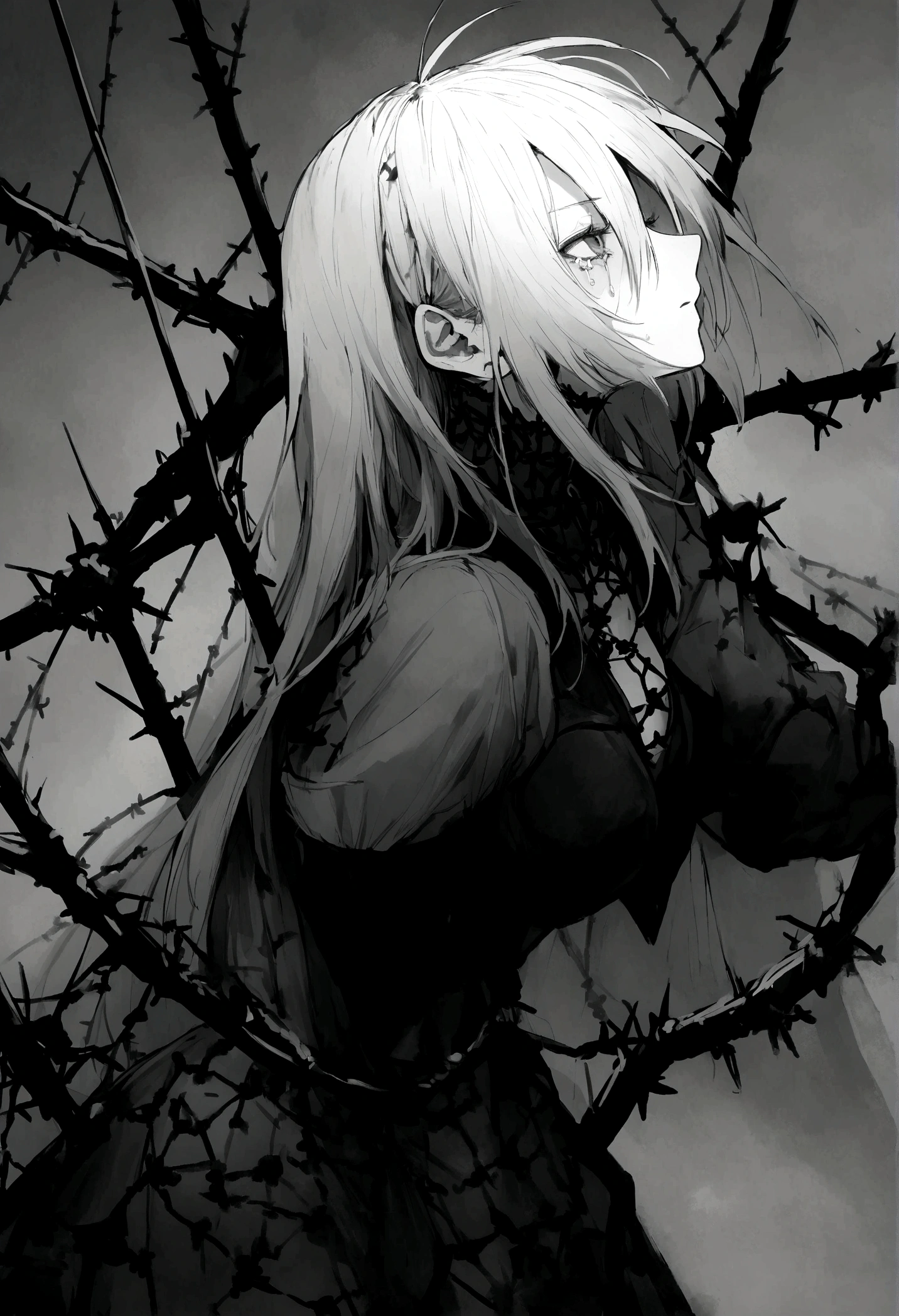 garota and roupas cybersigilism gotica, and (Barbed wire through the body) cabelo preto and pontas branca,1 girl,Black tears,Black and white