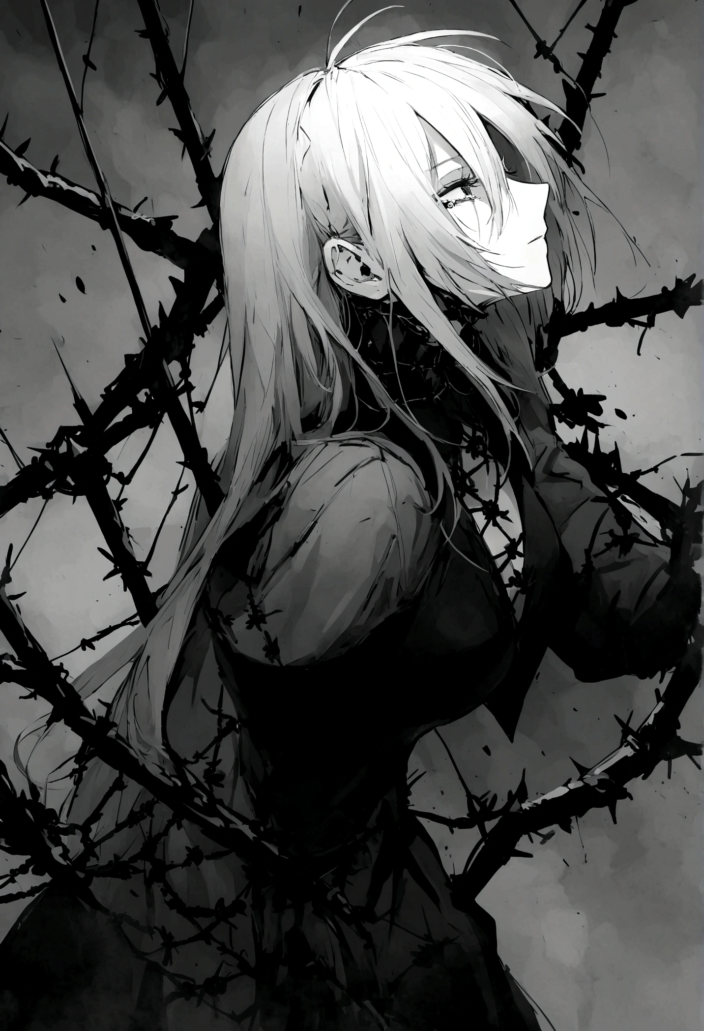 garota and roupas cybersigilism gotica, and (Barbed wire through the body) cabelo preto and pontas branca，1 girl，Black tears，Black and white