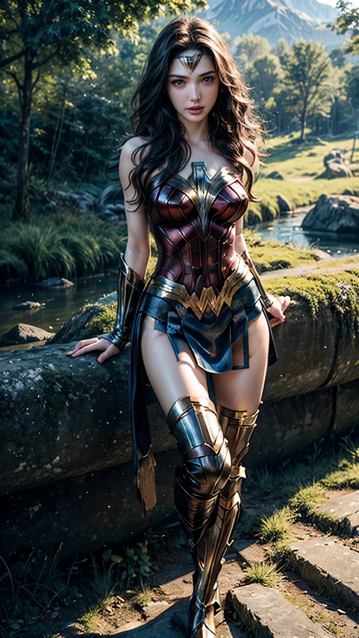 Gal Gadot, She breast size is M cup, full body, she very sexy, she have perfect body, she so beautifully,She have good eyes,She is full of charm, her poses are beautiful, close up,(((Woder Woman outfit))), Wonder Woman
from DC Comics,8k,correct face,beautiful face,A beautiful sight,sparkling eyes,((Half body photograph)), ((close up)) (portrait)) bust,In the middle of nature,The sun shines,green field,mountain,forest,stream