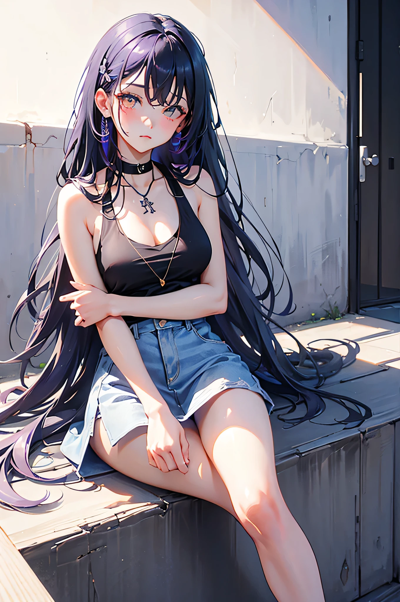 This image is、A very attractive and detailed portrait of a woman.。Below is the detailed prompt for the image。
--- In the center of this image、A young woman is depicted。Her appearance is very impressive、What really catches your eye are her bright yellow eyes.。The eyes emit a strong light、It gives her a mysterious and sharp look.。The contours of her face are soft、Skin is smooth and has a healthy glow。
Her hair is black、Place々Has purple highlights。Long hair、It flows naturally like waves.。Some of her hair hangs down the side of her face.、Overall, the casual style is emphasized。Her attire is casual and、She is wearing a purple tank top and a mini skirt.。This outfit reflects her stylish and contemporary taste.。
She has a tattoo on her arm、There is a large design on the left arm.。The tattoo is carefully drawn in detail.、Emphasizes her personality。Also、There is a small tattoo on his right arm.。She has a black choker around her neck.、The pendant hangs。This accessory adds an edgy element to her overall look.。
She is sitting with her head slightly tilted forward.、The gaze is fixed straight ahead。Although his facial expression is calm,、Gives a confident impression。The background around her is simple.、Designed so that the focus is entirely on her。The background is a light grey color.、It brings out her vibrant colors。
Overall、This image is very detailed.、Character personality and style are emphasized。Her unique fashion sense and tattoos、It brings out her strong personality and modern appeal.。It is a work that perfectly combines modern and artistic elements that users love.。