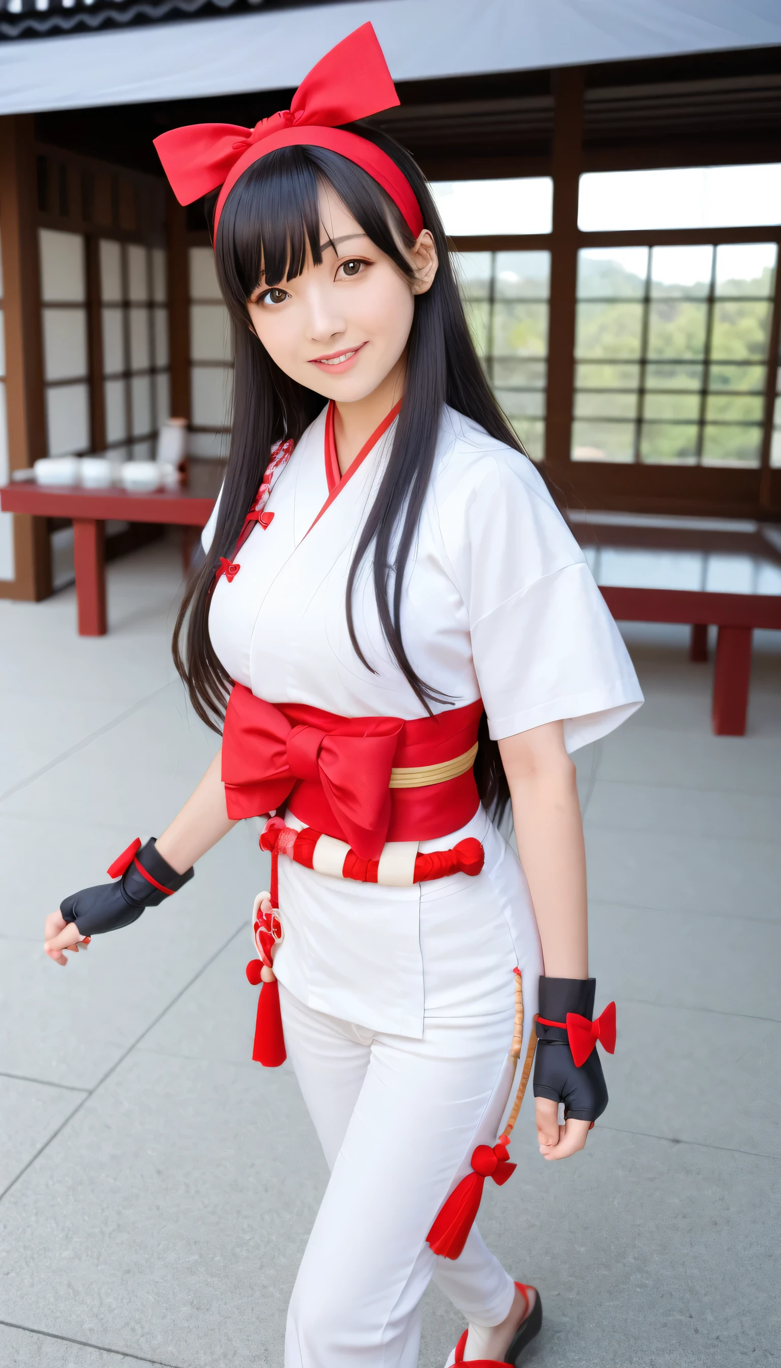 masterpiece, best quality,1 Girl, Solitary, Discomfort, red bow, bow, long hair, hair bow, Ainu clothing, Solitary, Headband, Black Hair, fingerless Gloves, Short sleeve, Gloves, sash, Bangs, red Headband, breast, Brown eyes, White pants, Japanese clothes, masterpiece, A faint smile, (illustration: 1.5), Running towards the viewer