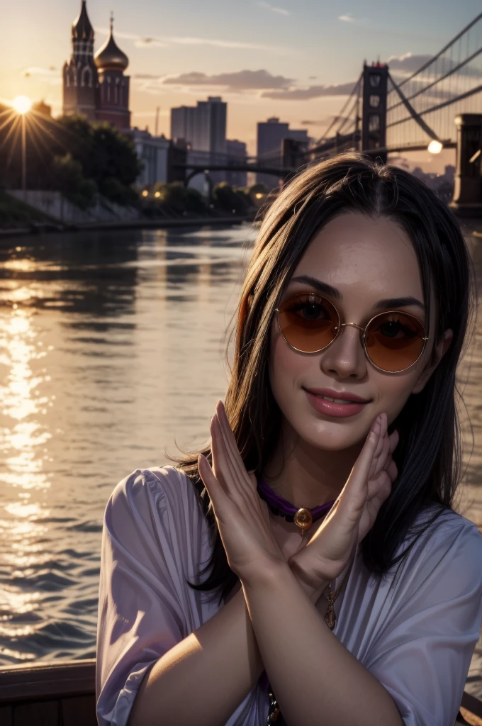 masterpiece, best quality, extremely detailed, hyperrealistic:1.1, photorealistic, a beautiful 20s russian model, ultra detailed face:1.1, sunglasses on head:1.1, purple mock neck t-shirt:1.2, black hair, x-arms:1.3, eye closed:1.3, city, river, in the sunset, warm smile, dynamic angle