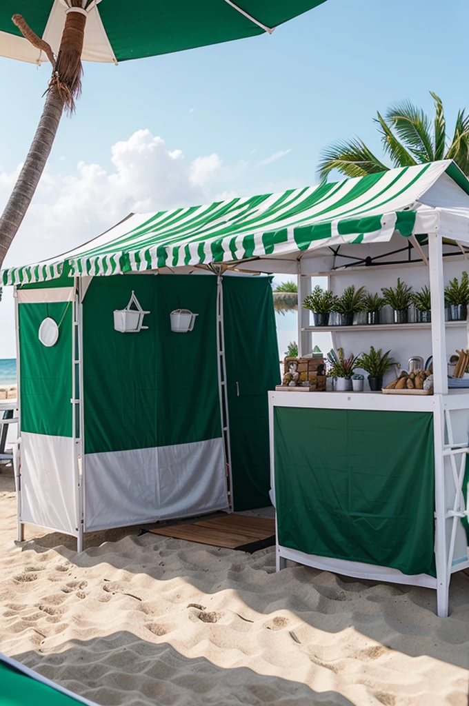 green and white striped pop up shop on the beach