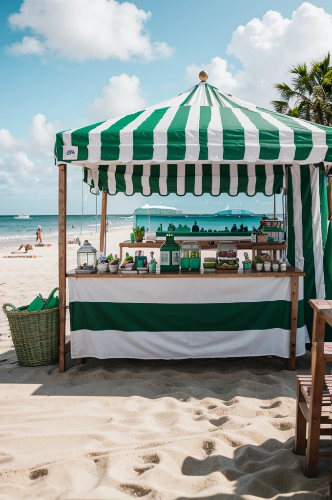 green and white striped pop up shop on the beach