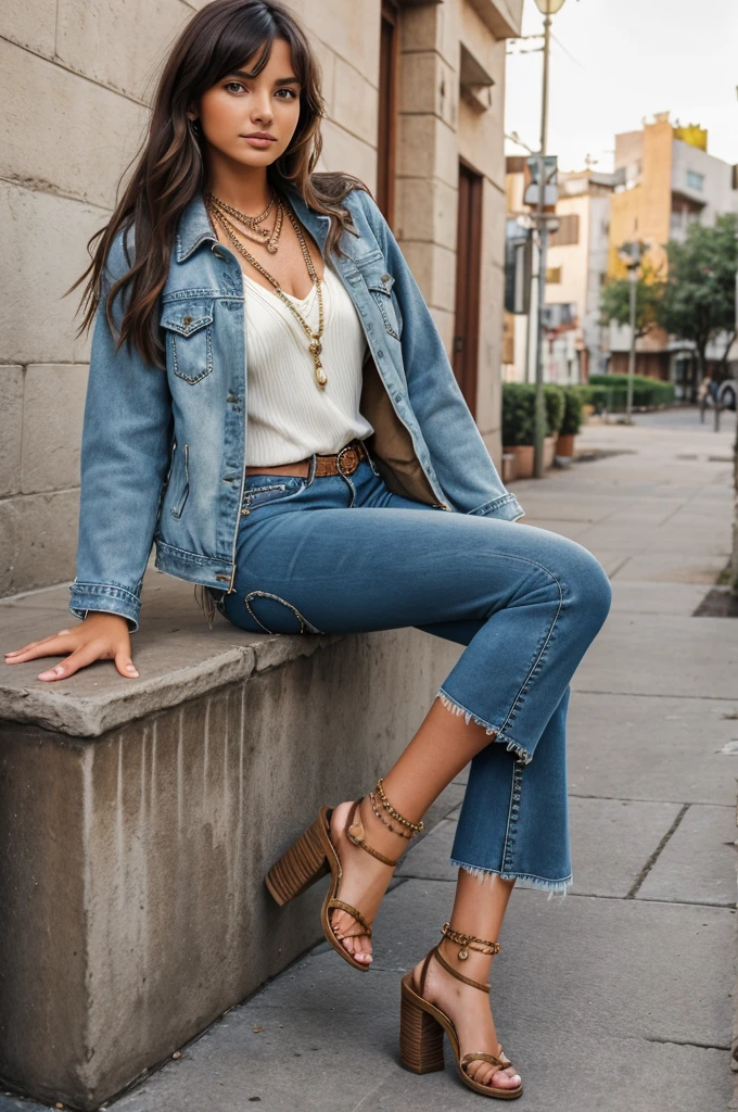 An 19 year old girl wearing:
Jacket: Suede fringe jacketTop: Flowy blouse or peasant topBottom: Flared jeans or a midi skirtShoes: Ankle boots or sandalsAccessories: Layered necklaces, bangles, and a boho bag