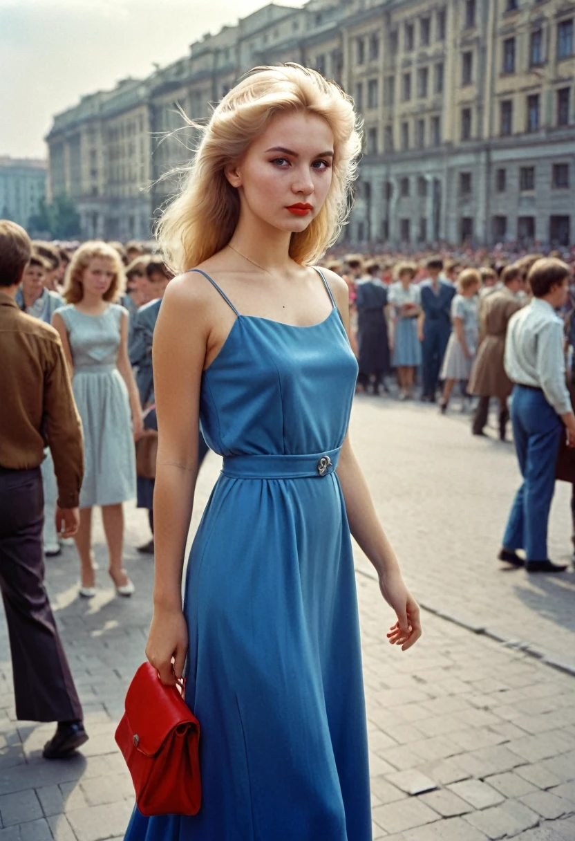 Photo of a beautiful girl 20 years old, university student in the USSR, 1980s, blonde. long, Closed, Blue dress. Photo taken in the city, From afar, to the streets, against the background of the crowd. There is a red hairpin in the girl&#39;s hair. The girl does not look into the frame. Full length girl. Brown bag in hand
