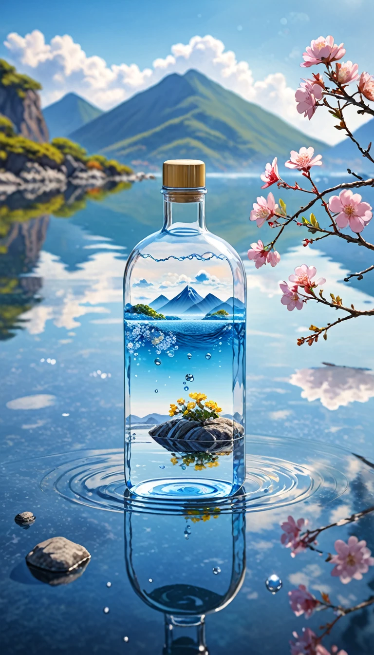 outdoor, bottle, water, no-humans, still life, Vague, bubble, landscape, water drop, ocean, sky, sky空, blue sky空, cloud, Vague background, Depth of Field, reflection, Solitary, rock, 運動Vague, Mountain, Flowers, Branches, ice
