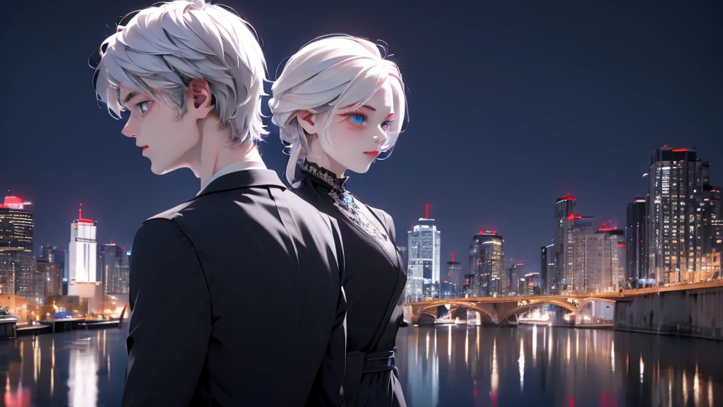 1 Boy&Girl , Boy medium light black hair, Girl medium light white hair, light blue eyes, wearing black suit, night city, 18+ , high res, ultrasharp, 8K, masterpiece, looking from behind