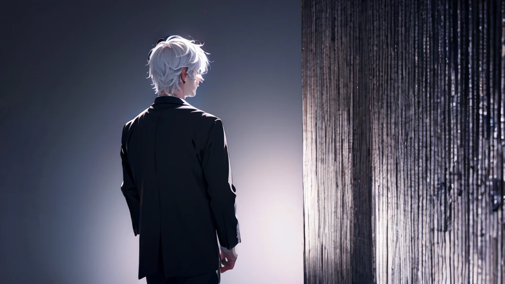 1 Boy&Girl , Boy medium light black hair, Girl medium light white hair, light blue eyes, wearing black suit, night city, 18+ , high res, ultrasharp, 8K, masterpiece, looking from behind