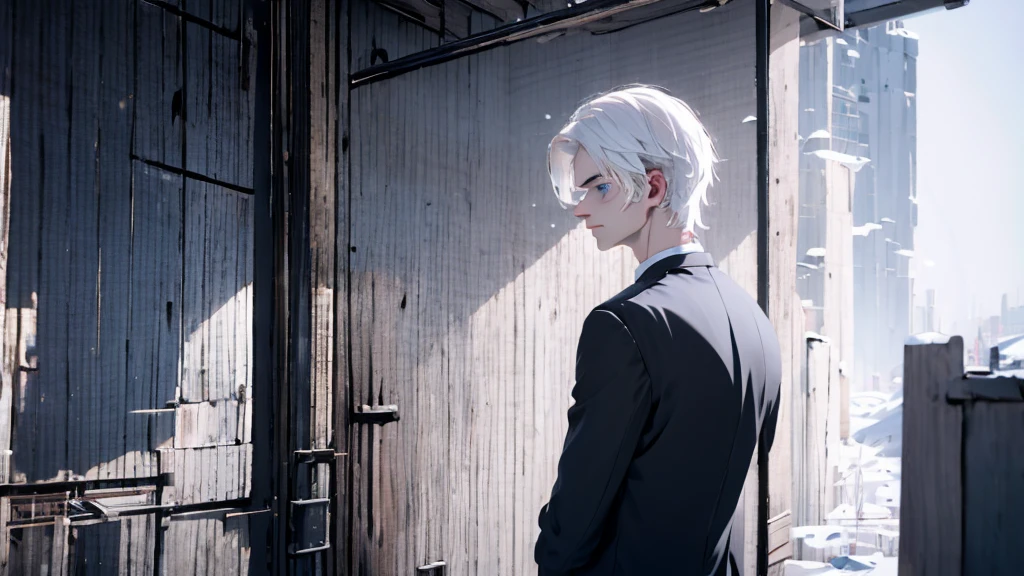 1 Boy&Girl , Boy medium light black hair, Girl medium light white hair, light blue eyes, wearing black suit, night city, 18+ , high res, ultrasharp, 8K, masterpiece, looking from behind