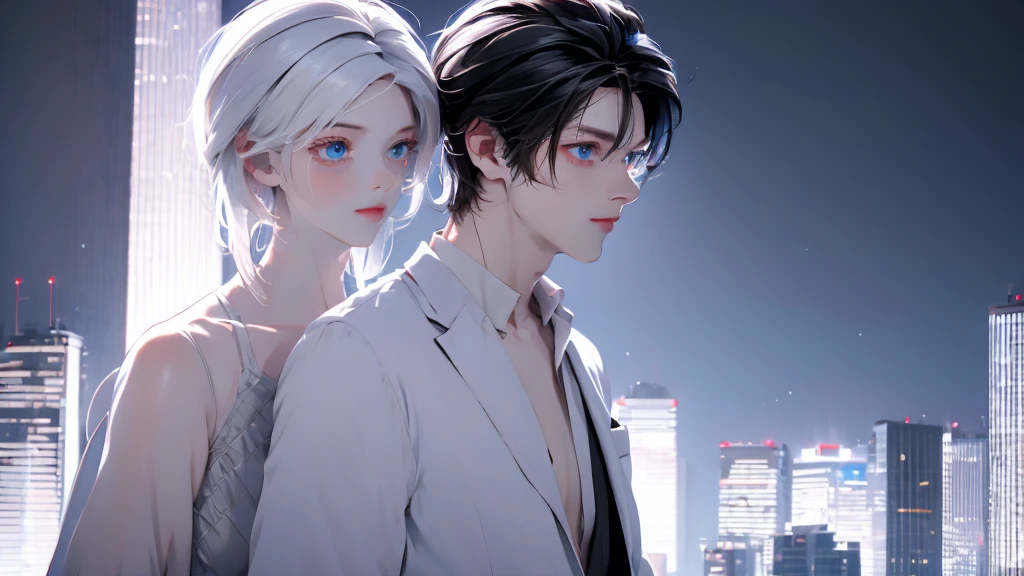 1 Boy&Girl , Boy medium light black hair, Girl medium light white hair, light blue eyes, wearing black suit, night city, 18+ , high res, ultrasharp, 8K, masterpiece, looking from behind