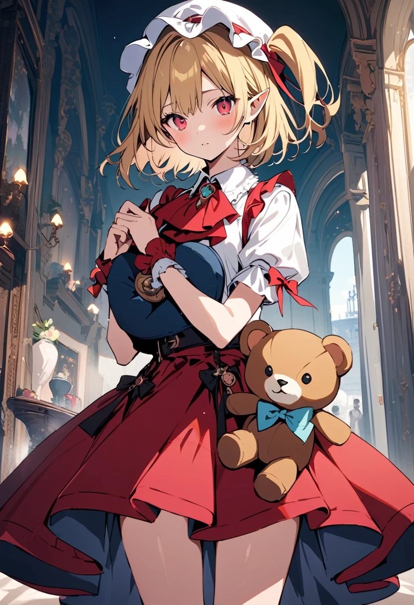 masterpiece, highest quality, Illustration of the novel, High resolution, 18+ Adult content, Sensual, Intimate, Emotional, Passionate, romantic, sweet, Adorable, Innocent, Pure, Charmな, Charmな, Charm, Mysterious, Charmな, Charmな, Immersive, Charmな, dream-like, Surreal, Imaginative, Whimsical, artistic, Avant-garde, timeless, elegant, Sophisticated, chic, Sophisticated, personality, original, Charmな,One girl, Flanders Scarlet, East, Have, Mob Cap, alone, Blonde Hair, stuffed toy, red Best, wing, 動物のstuffed toy, teddy bear, Red eyes, crystallization, Best, White Hat, Outdoor, Short sleeve, One side up, Holding, Puffy sleeves, skirt, shirt, Pointed Ears, red skirt, View Viewer, puffy Short sleeve, Ascot, yellow Ascot, Wrist cuff, white shirt, Holding stuffed toy, bow, Frills, red bow, collared shirt, ribbon, frilled shirt collar, red ribbon, Medium Hair Masterpiece, highest quality, so beautiful, Absurd