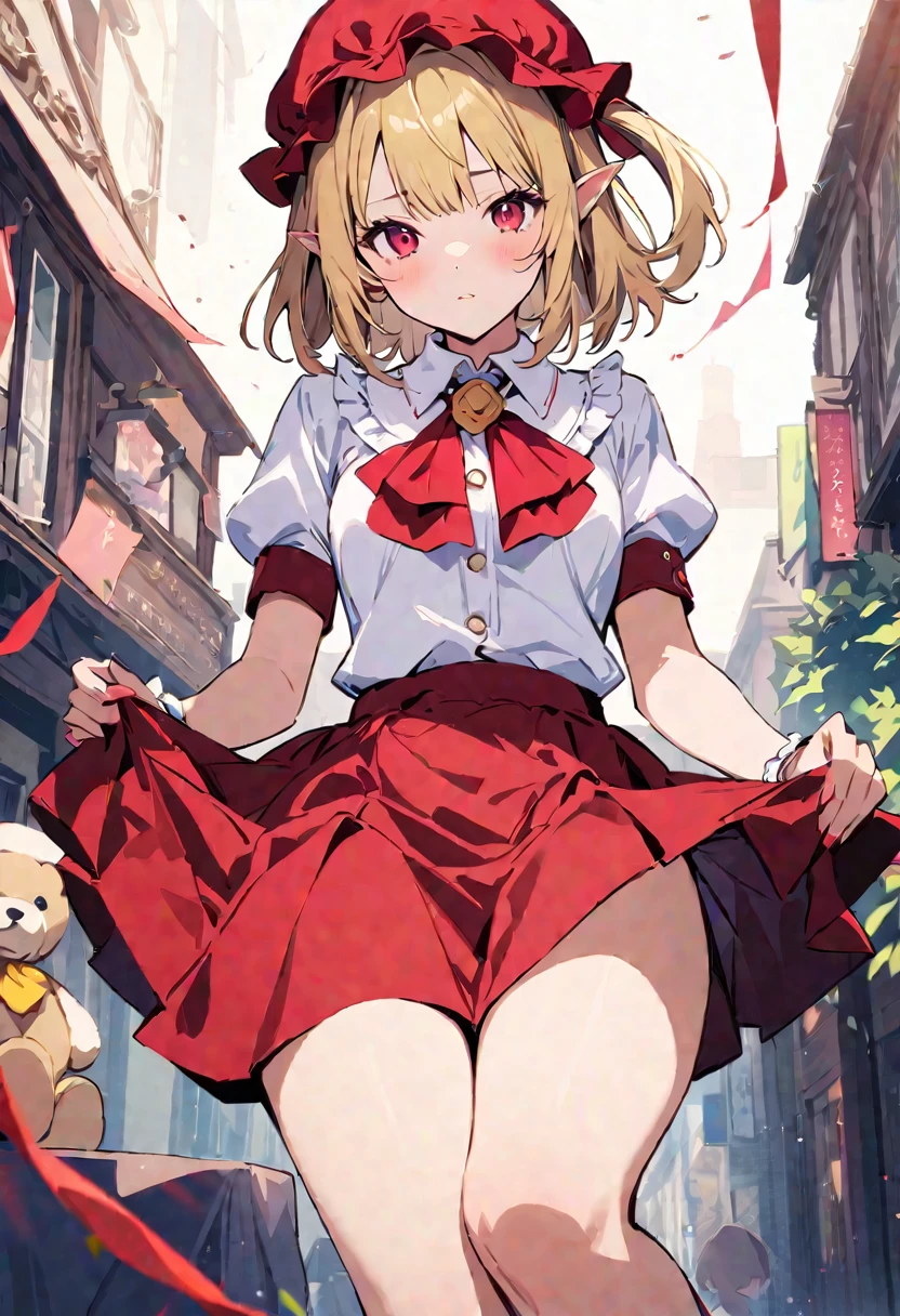 masterpiece, highest quality, Illustration of the novel, High resolution, 18+ Adult content, Sensual, Intimate, Emotional, Passionate, romantic, sweet, Adorable, Innocent, Pure, Charmな, Charmな, Charm, Mysterious, Charmな, Charmな, Immersive, Charmな, dream-like, Surreal, Imaginative, Whimsical, artistic, Avant-garde, timeless, elegant, Sophisticated, chic, Sophisticated, personality, original, Charmな,One girl, Flanders Scarlet, East, Have, Mob Cap, alone, Blonde Hair, stuffed toy, red Best, wing, 動物のstuffed toy, teddy bear, Red eyes, crystallization, Best, White Hat, Outdoor, Short sleeve, One side up, Holding, Puffy sleeves, skirt, shirt, Pointed Ears, red skirt, View Viewer, puffy Short sleeve, Ascot, yellow Ascot, Wrist cuff, white shirt, Holding stuffed toy, bow, Frills, red bow, collared shirt, ribbon, frilled shirt collar, red ribbon, Medium Hair Masterpiece, highest quality, so beautiful, Absurd