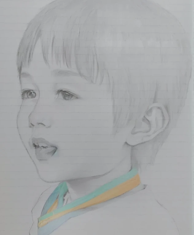 A picture of a boy with a medal around his neck, Colored pencil sketch, 3 / 4 ViewsPortrait, Children's drawings, Inspired by Huang Gongwang, Colored pencil sketch, by Yasutomo Oka, Inspired by Yonghao Han, Children's drawingsに基づいて, inspired by Matsumura Goshun, Detailed face of asian boy, Crayon on paper
