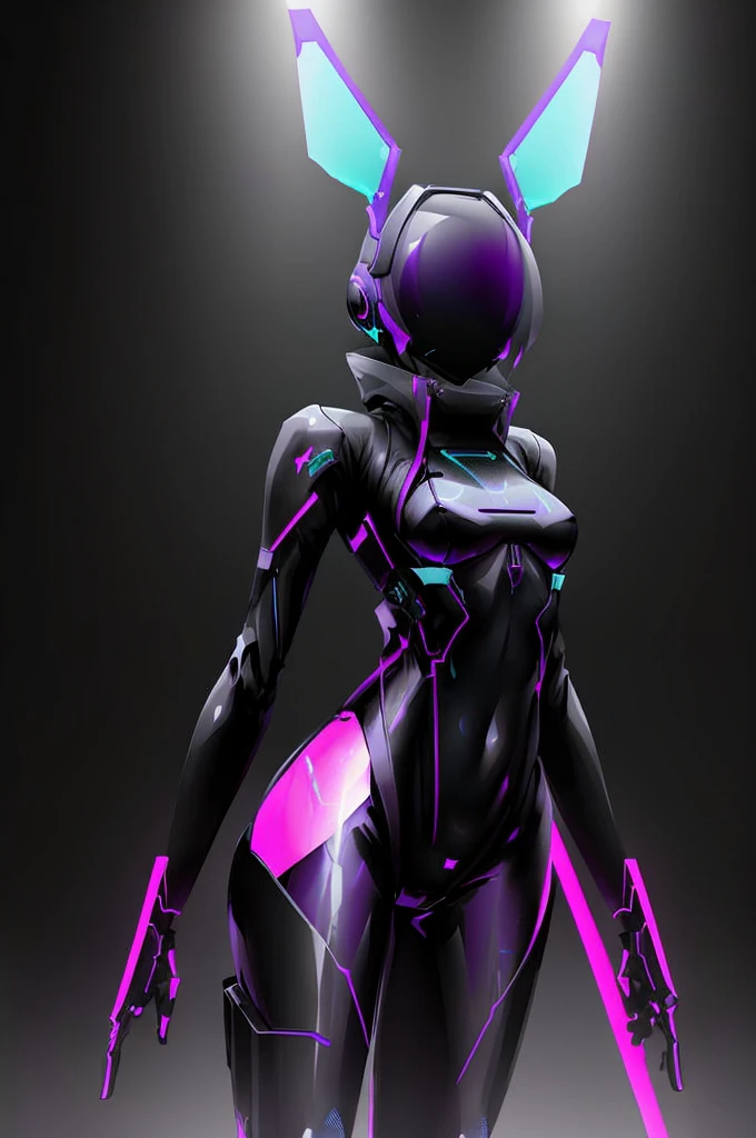 echanis_enicha, background, futuristic, bodysuit, helmet, glowing, 1girl, ahoge, cowboy shot, looking at viewer, monochrome, pants, solo, sleek bodysuit, purple highlights, visor, heads-up display