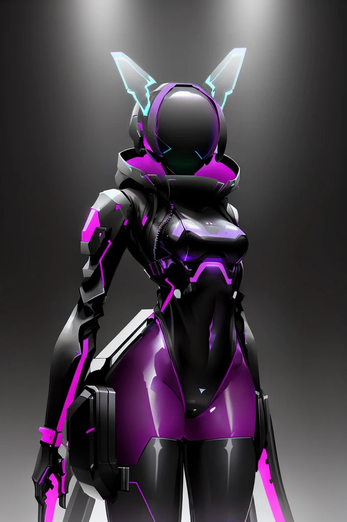 echanis_enicha, background, futuristic, bodysuit, helmet, glowing, 1girl, ahoge, cowboy shot, looking at viewer, monochrome, pants, solo, sleek bodysuit, purple highlights, visor, heads-up display