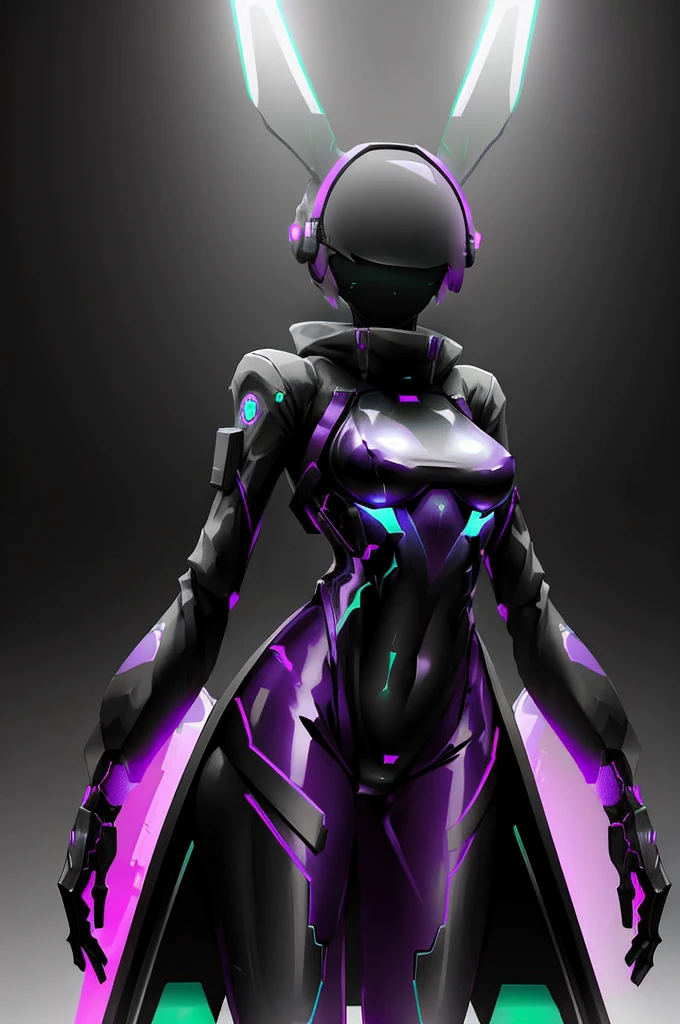 echanis_enicha, background, futuristic, bodysuit, helmet, glowing, 1girl, ahoge, cowboy shot, looking at viewer, monochrome, pants, solo, sleek bodysuit, purple highlights, visor, heads-up display