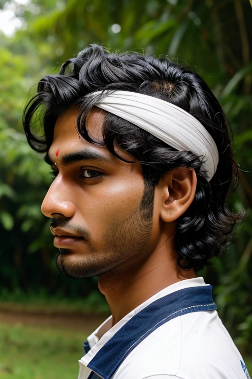 An indian man with short wavy hair,18yrs old,facing right side, background is nature,white skin, front angle,facing away from camera