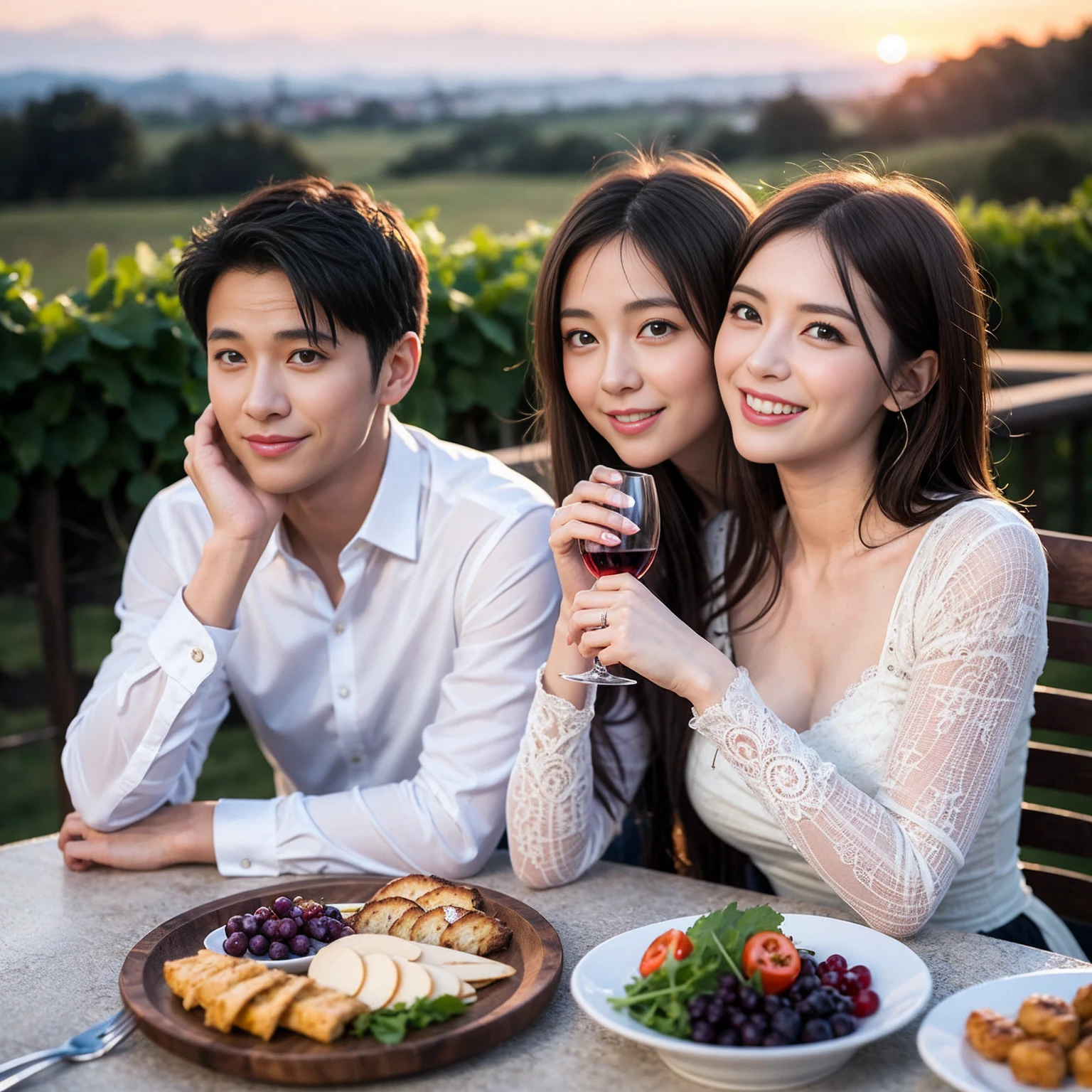 ((highest quality、8k、masterpiece:1.3))、 (Genuineistic, Genuine、Bright image、Intricate details:1.2), 1 male、1 female、Kimura Fumino-like beautiful Couple、spouse、Couple、spouse、Beautiful Couple、Smile、full-course dinner、 (Slim face), (The body is slim), (Brown Hair), (short hair), テーブルの上のwine glass、Please shine a light on my face、 Amazing view of the sunset sky and clouds、 (Age 35), 39 years old, red wine 、Appetizers、Wine bottle、sparkling wine、Long sleeve shirt、dress、White wine, red wine, wine glass,