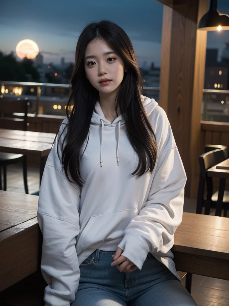 masterpiece,realistic,photographic,raw,bright light,
beautiful face,beautiful eyes,1girl,upper body,
sitting,arm on table,
moon,galaxy,cityscape,hoodie,
looking at viewer,