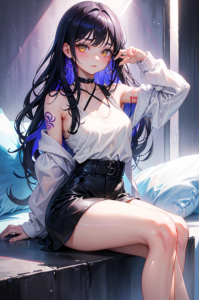 This image is、A very attractive and detailed portrait of a woman.。Below is the detailed prompt for the image。
--- In the center of this image、A young woman is depicted。Her appearance is very impressive、What really catches your eye are her bright yellow eyes.。The eyes emit a strong light、It gives her a mysterious and sharp look.。The contours of her face are soft、Skin is smooth and has a healthy glow。
Her hair is black、Place々Has purple highlights。Long hair、It flows naturally like waves.。Some of her hair hangs down the side of her face.、Overall無造作なスタイルが強調されています。Her attire is casual and、She is wearing a purple tank top and a mini skirt.。This outfit reflects her stylish and contemporary taste.。
She has a tattoo on her arm、There is a large design on the left arm.。The tattoo is carefully drawn in detail.、Emphasizes her personality。Also、There is a small tattoo on his right arm.。She has a black choker around her neck.、The pendant hangs。This accessory adds an edgy element to her overall look.。
She is sitting with her head slightly tilted forward.、The gaze is fixed straight ahead。Although his facial expression is calm,、Gives a confident impression。The background around her is simple.、Designed so that the focus is entirely on her。The background is a light grey color.、It brings out her vibrant colors。
Overall、This image is非常にディテールに富んでおり、Character personality and style are emphasized。Her unique fashion sense and tattoos、It brings out her strong personality and modern appeal.。It is a work that perfectly combines modern and artistic elements that users love.。