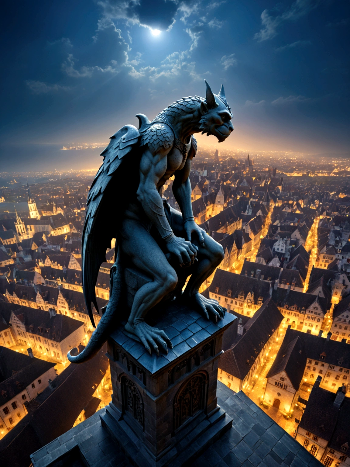 a view from the top of church of a fantasy medieval city, at night, standing behind the statue of a gargoyle on the roof, 16K, ultra detailed, masterpiece, best quality, (extremely detailed), arafed, dnd art,  god rays, cinematic lighting, glowing light, silhouette, from outside, photorealism, panoramic view (Masterpiece, intense details: 1.5) , Wide-Angle, Ultra-Wide Angle, 