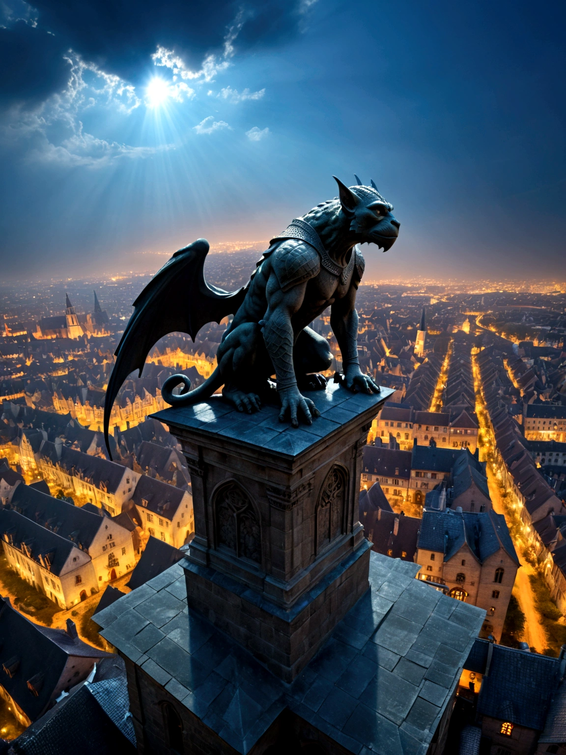 a view from the top of church of a fantasy medieval city, at night, standing behind the statue of a gargoyle on the roof, 16K, ultra detailed, masterpiece, best quality, (extremely detailed), arafed, dnd art, god rays, cinematic lighting, glowing light, silhouette, from outside, photorealism, panoramic view (Masterpiece, intense details: 1.5) , Wide-Angle, Ultra-Wide Angle,