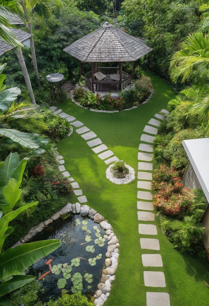 Moderntropicalgardern,aiaigroup, aerial view, outdoors, garden, tree, east asian architecture, rock, stone, flower, daylight