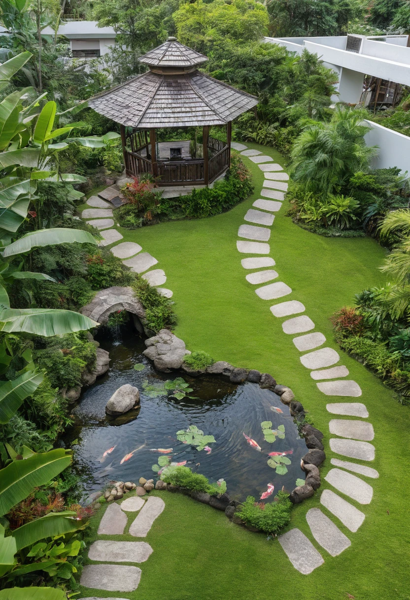 Moderntropicalgardern,aiaigroup, aerial view, outdoors, garden, tree, east asian architecture, rock, stone, flower, daylight