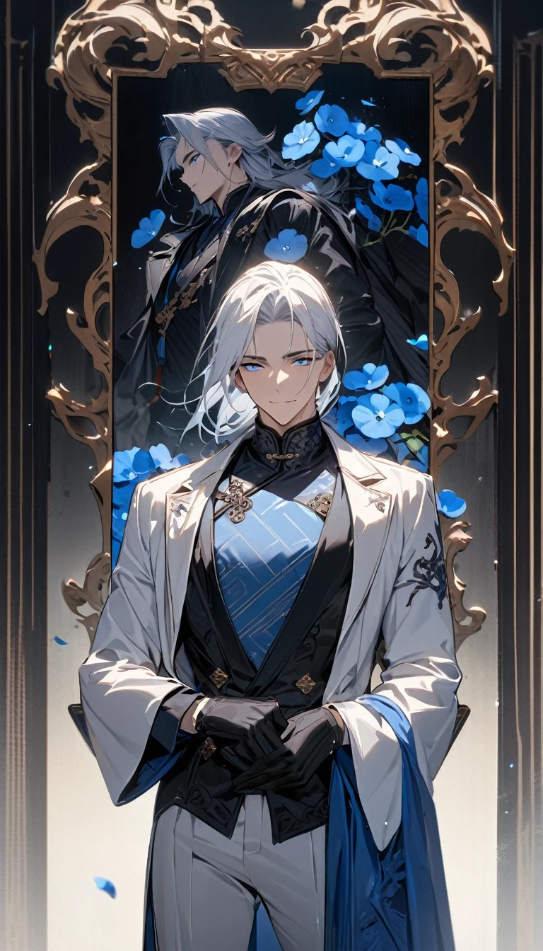 (masterpiece:1.5)，best quality，(1 Handsome man)，alone，white medium length hair，(blue eyes), (A soft smile)，elegant，perfect face，Fantasy Chinese style，Long black trench coat，white and blue cloth，Complex clothing design with Chinese elements，Black leather gloves，white lining，White suit pants，Slightly muscular body，High，8K，Beautiful contrast of light and shadow，Dark luxury background，(complete upper body)，Positive face，((Nemophila))，luxury screen，blue flowers
