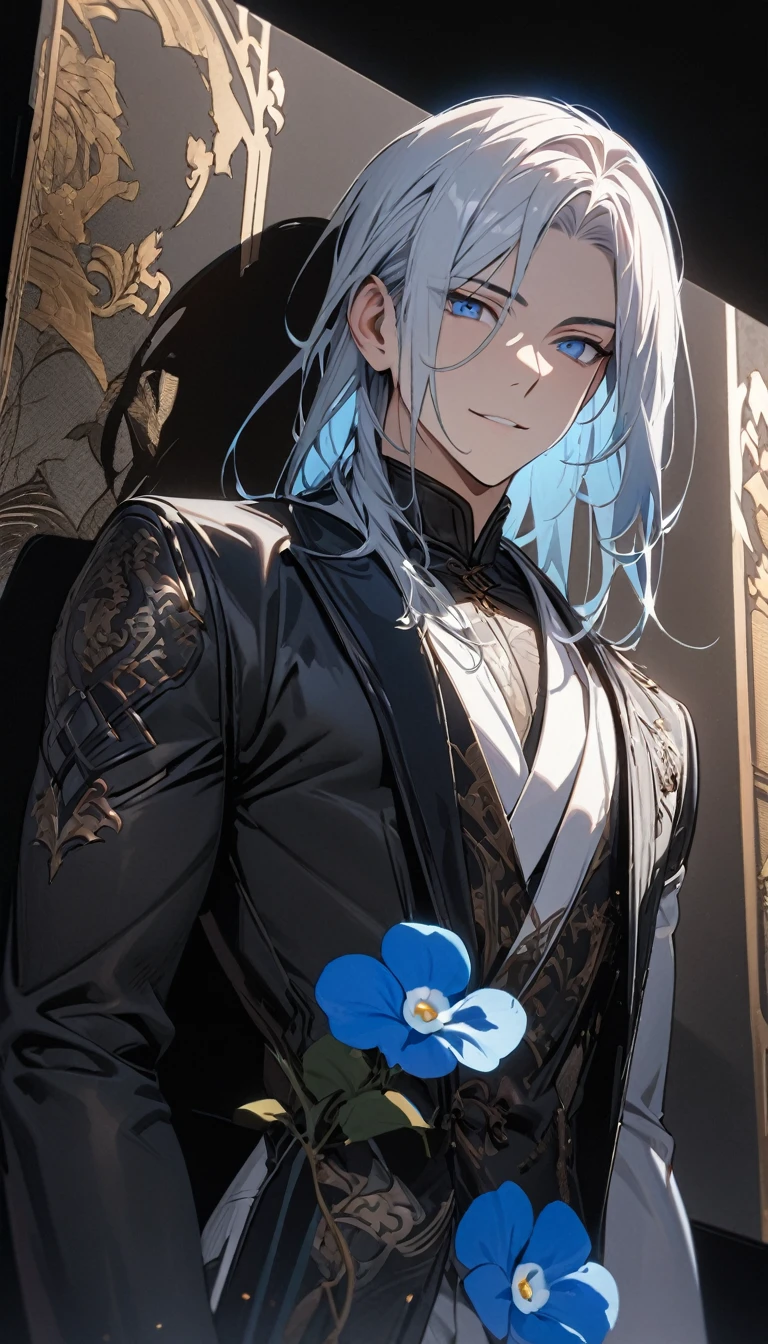 (masterpiece:1.5),best quality,(1 Handsome man),alone,white medium length hair,(blue eyes), (A soft smile),elegant,perfect face,Fantasy Chinese style,Long black trench coat,white and blue cloth,Complex clothing design with Chinese elements,Black leather gloves,white lining,White suit pants,Slightly muscular body,High,8K,Beautiful contrast of light and shadow,Dark luxury background,(complete upper body),Positive face,((Nemophila)),luxury screen,blue flowers