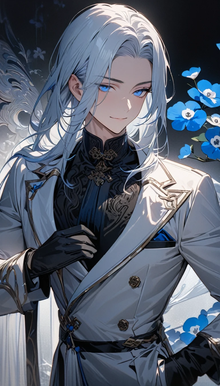 (masterpiece:1.5),best quality,(1 Handsome man),alone,white medium length hair,(blue eyes), (A soft smile),elegant,perfect face,Fantasy Chinese style,Long black trench coat,white and blue cloth,Complex clothing design with Chinese elements,Black leather gloves,white lining,White suit pants,Slightly muscular body,High,8K,Beautiful contrast of light and shadow,Dark luxury background,(complete upper body),Positive face,((Nemophila)),luxury screen,blue flowers