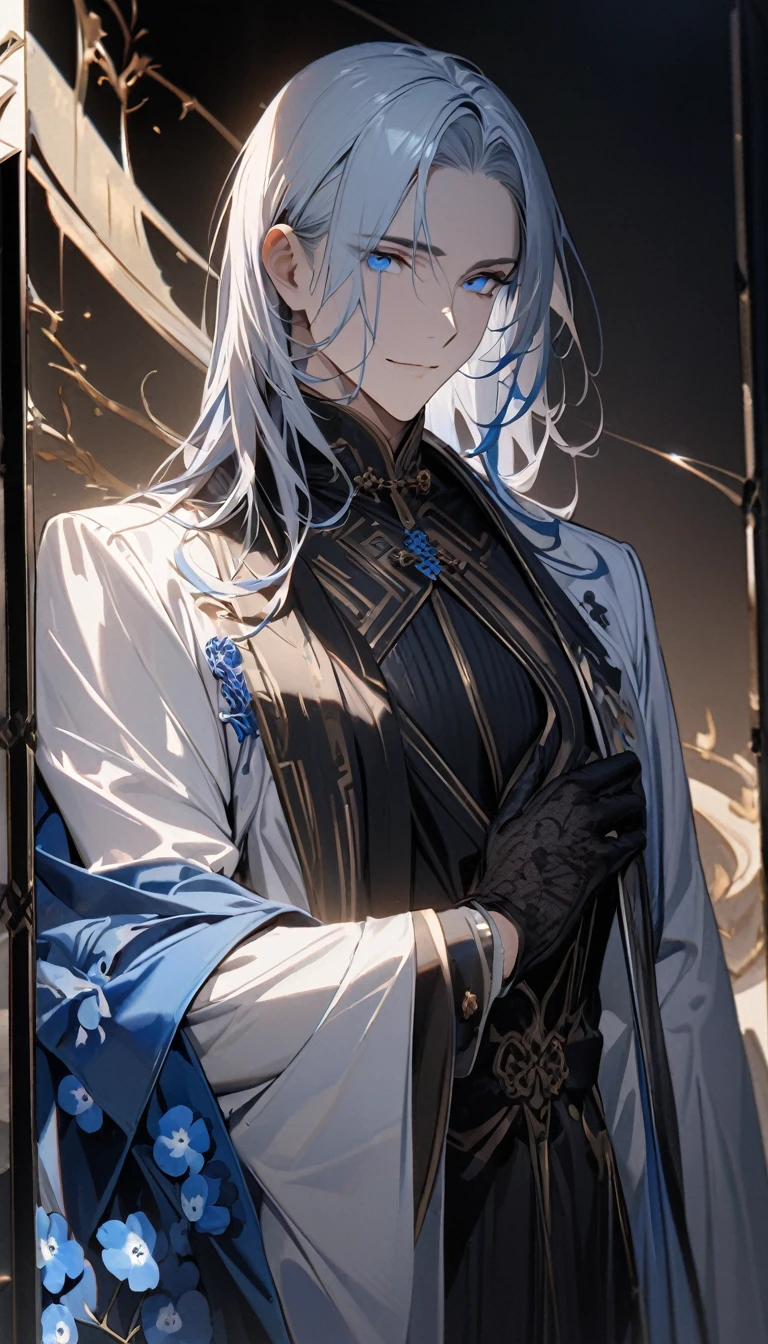 (masterpiece:1.5),best quality,(1 Handsome man),alone,white medium length hair,(blue eyes), (A soft smile),elegant,perfect face,Fantasy Chinese style,Long black trench coat,white and blue cloth,Complex clothing design with Chinese elements,Black leather gloves,white lining,White suit pants,Slightly muscular body,High,8K,Beautiful contrast of light and shadow,Dark luxury background,(complete upper body),Positive face,((Nemophila)),luxury screen,blue flowers