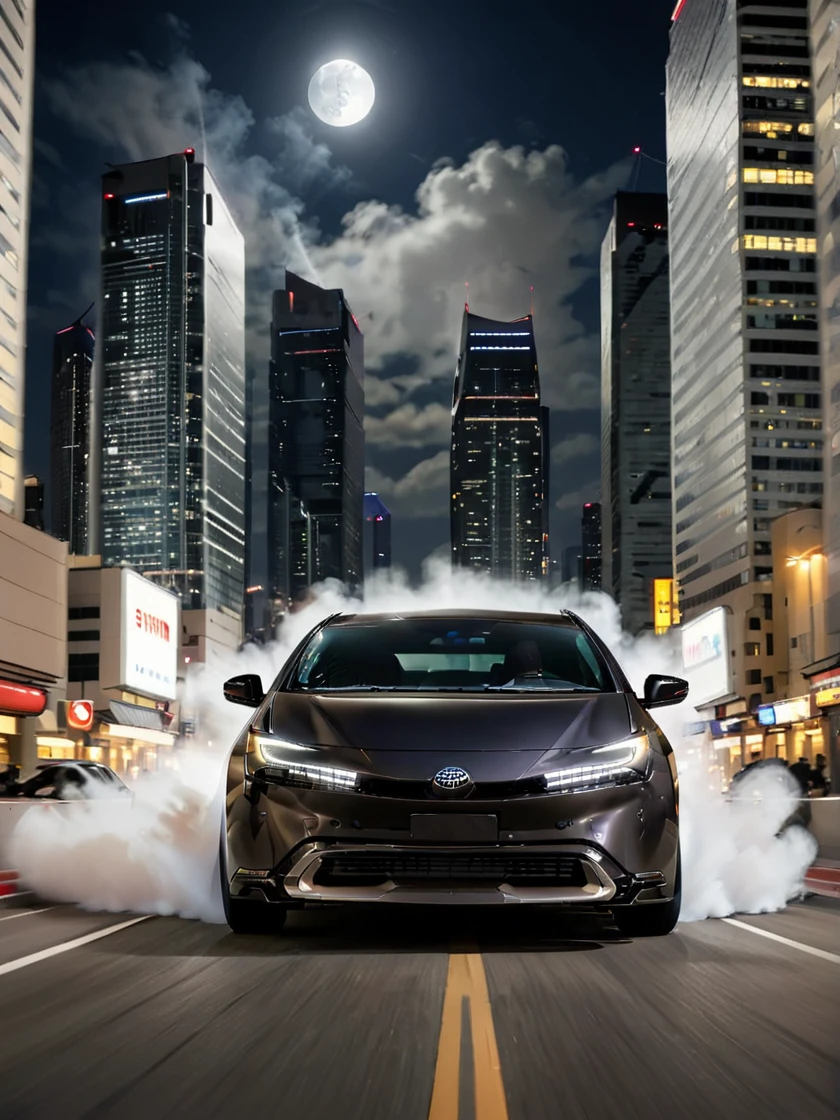 a matte black Toyota PRIUS drifting on a city street at night. The rear tires are emitting white smoke, and the driver is counter-steering. The headlights are shining brightly, and the background features skyscrapers and streetlights. The drifting motion is emphasized to clearly show the action.futuristic environment, light beams, headlight, 
The rear tires are emitting white smoke, and the driver is counter-steering. Counter-steering means the front tires are turned in the opposite direction of the car's movement, with both front tires pointing in the same direction. The headlights are shining brightly, and the background features a full moon and mountains. The drifting motion is emphasized to clearly show the action.