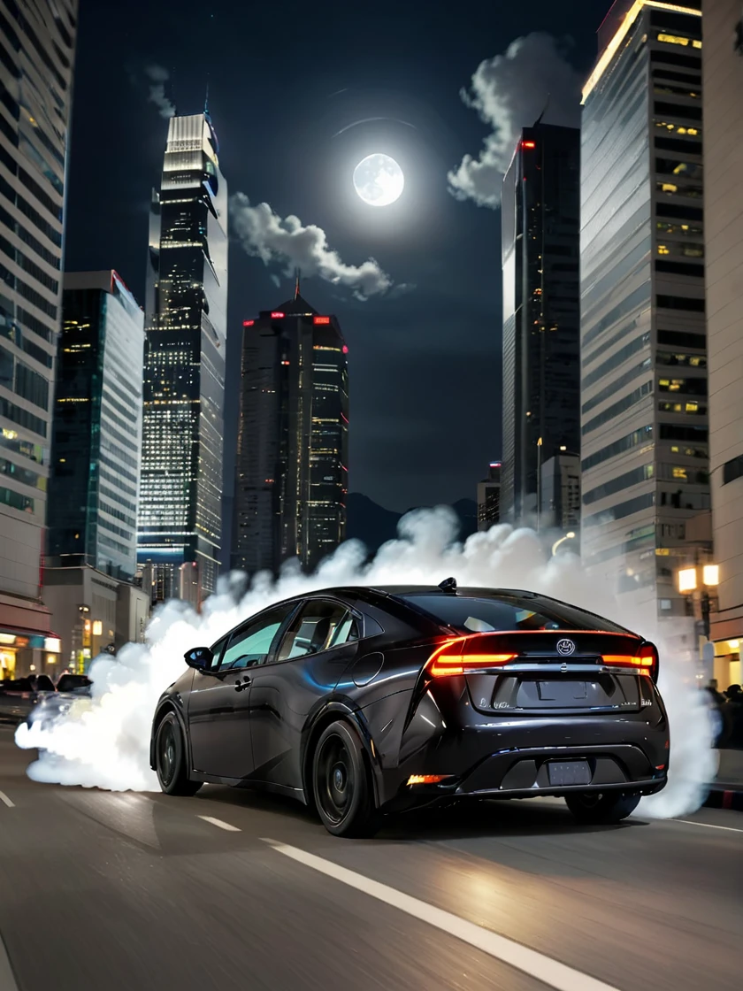 a matte black Toyota PRIUS drifting on a city street at night. The rear tires are emitting white smoke, and the driver is counter-steering. The headlights are shining brightly, and the background features skyscrapers and streetlights. The drifting motion is emphasized to clearly show the action.futuristic environment, light beams, headlight, 
The rear tires are emitting white smoke, and the driver is counter-steering. Counter-steering means the front tires are turned in the opposite direction of the car's movement, with both front tires pointing in the same direction. The headlights are shining brightly, and the background features a full moon and mountains. The drifting motion is emphasized to clearly show the action.