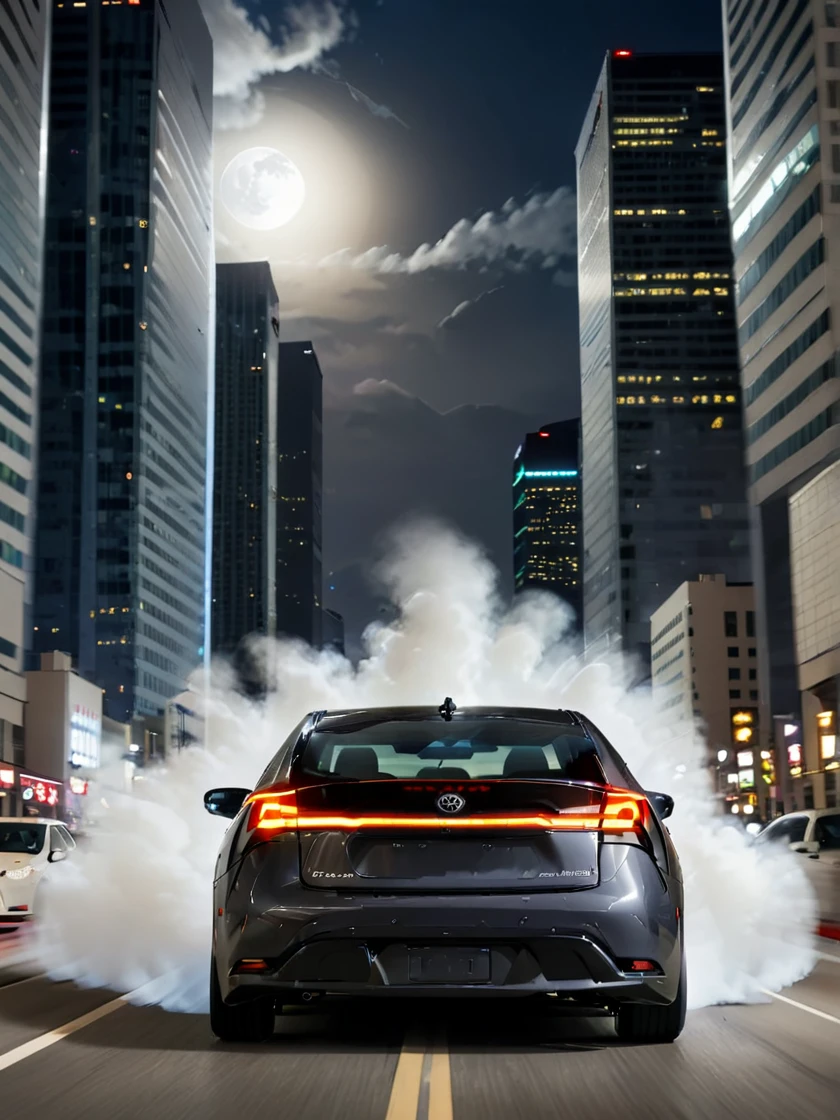 a matte black Toyota PRIUS drifting on a city street at night. The rear tires are emitting white smoke, and the driver is counter-steering. The headlights are shining brightly, and the background features skyscrapers and streetlights. The drifting motion is emphasized to clearly show the action.futuristic environment, light beams, headlight, 
The rear tires are emitting white smoke, and the driver is counter-steering. Counter-steering means the front tires are turned in the opposite direction of the car's movement, with both front tires pointing in the same direction. The headlights are shining brightly, and the background features a full moon and mountains. The drifting motion is emphasized to clearly show the action.