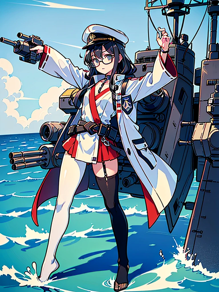 ((((Full body of a woman with perfect flat chest、Short, unkempt black hair、white military jacket、Miko costume、tights、Black glasses、White military cap、Cloudy eyes、Sleepy expression)))), (((masterpiece))), (((Shipgirl))), (Another woman hugging、Long purple hair、Messy Hair、Big Breastiko costume), ((Floating on the morning sea with both feet)), (Spread your legs wide open), (Holding a searchlight in the right hand), (Mechanical arms extending from the waist are used to equip the ship with battleship equipment.), (Equipped with a turret on the back), (Holds the turret with his left arm), Torpedo tubes on thighs, Spreading the Machine's Wings, Machine tail, shotgun,